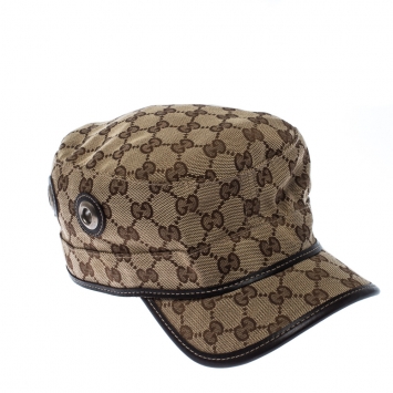 Pre Owned Gucci Brown & Beige Monogram Print Canvas Eyelet Detail Guccisima Military Hat XL