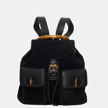 Pre Owned Gucci Black Bamboo Suede Drawstring Backpack