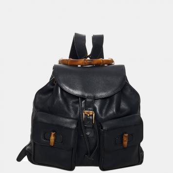 Pre Owned Gucci Black Bamboo Drawstring Leather Backpack