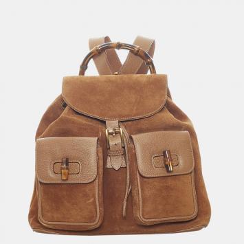 Pre Owned Gucci Brown Bamboo Suede Drawstring Backpack