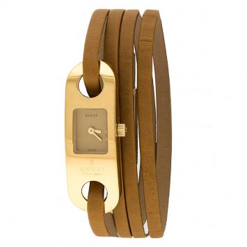 Pre Owned Gucci Gold Tone Stainless Steel Leather Wrap 6100L Women's Wristwatch 14 mm