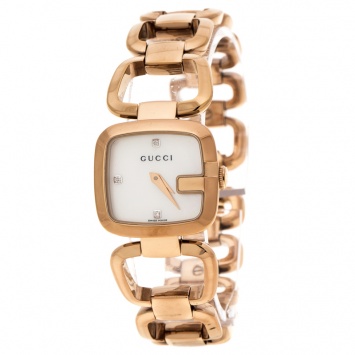 Pre Owned Gucci White Mother of Pearl Rose Gold Plated Steel G Series 125.5 Women's Wristwatch 24 mm