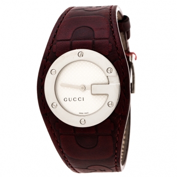 Pre Owned Gucci Silver White 104 Bandeau Leather Women's Wristwatch 31 mm