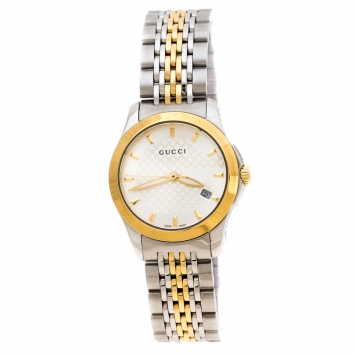 Pre Owned Gucci Silver Two-Tone Stainless Steel G-Timeless 126.5 Women's Wristwatch 27 mm
