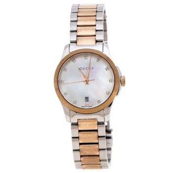 Pre Owned Gucci Mother of Pearl Two-Tone Stainless Steel Diamonds G-Timeless 126.5 Women's Wristwatch 27 mm
