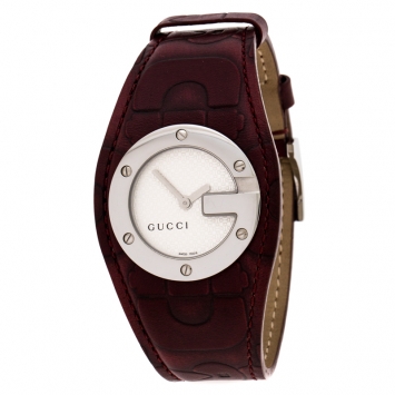 Pre Owned Gucci Silver White 104 Bandeau Leather Women's Wristwatch 31 mm