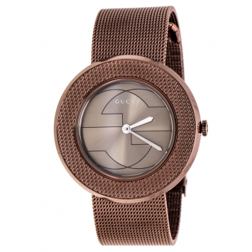 Pre Owned Gucci Grey Dial Bronze Tone Stainless Steel U-Play 129.4 Women's Wristwatch 35 mm