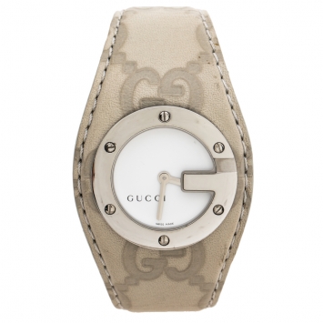 Pre Owned Gucci White Stainless Steel Leather G-Bandeau 104 Women's Wristwatch 31 mm