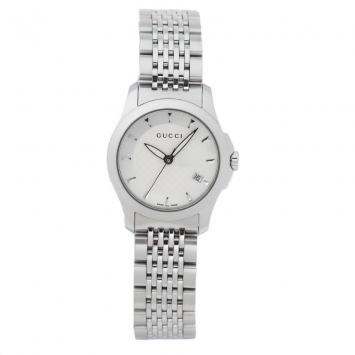 Pre Owned Gucci Silver White Stainless Steel G-Timeless 126.5 Women's Wristwatch 27 mm