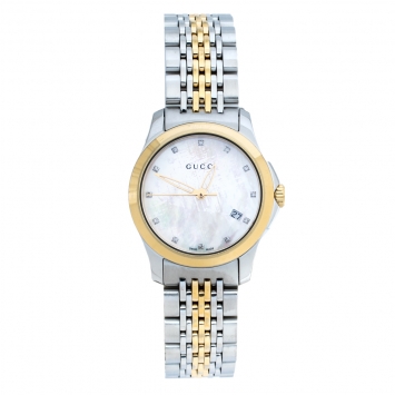 Pre Owned Gucci Mother of Pearl Two-Tone Stainless Steel Diamonds G-Timeless 126.5 Women's Wristwatch 27 mm