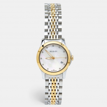 Pre Owned Gucci Mother of Pearl Diamond Two Tone Stainless Steel G-Timeless YA126513  Women's Wristwatch 27 mm