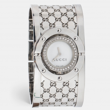 Pre Owned Gucci White Mother Of Pearl Diamond Stainless Steel Twirl Women's Wristwatch 23 mm