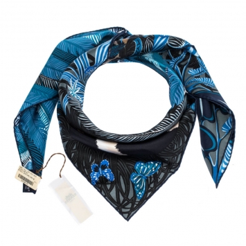 Pre Owned Hermes Blue Jaguar Quetzal Silk Twill Square Scarf 