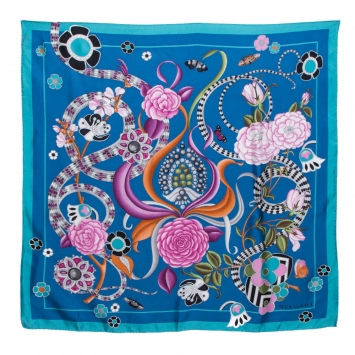 Pre Owned Bvlgari Blue Silk Bloom of Eden Print Scarf