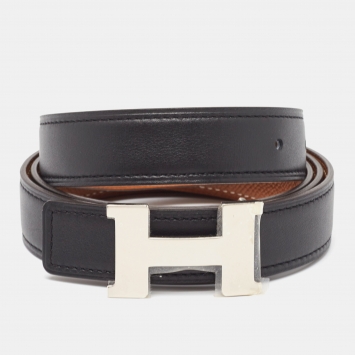 Pre Owned Hermès Black/Gold Swift and Epsom Constance H Reversible Slim Belt 95CM