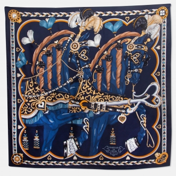 Pre Owned Hermes Navy Blue Printed Silk Harnais de Coeur Scarf 