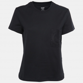 Pre Owned Hermes Black Cotton Logo Embroidered Pocket Detail T-Shirt M