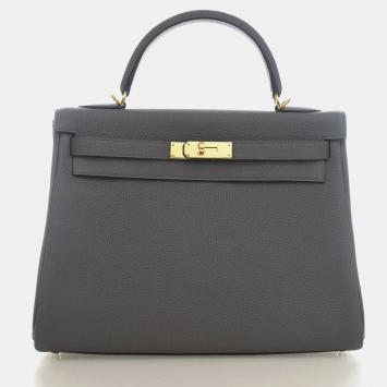 Pre Owned Hermes Kelly 32 Gris Etain Togo Calfskin Leather Top Handle Bag