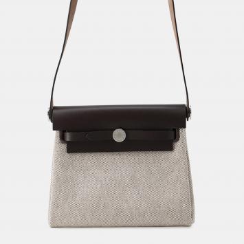 مملوكة مسبقًا Hermes Herbag Zip Mini Ecru Ebene Toile H Vache Hunter Leather Shoulder Bag