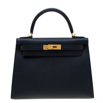 Pre Owned Hermes Blue Marine Epsom Leather with Rose Pourpre Leather Lining Brushed Gold Hardware Kelly Sellier 28 Bag