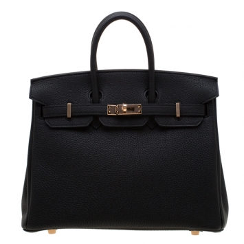 Pre Owned Hermes Black Togo Leather Rose Gold Hardware Birkin 25 Bag