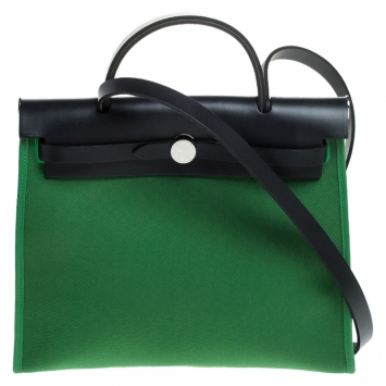 Pre Owned Hermes Green/Navy Blue Canvas and Leather Herbag Zip 31 Bag