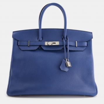 Pre Owned Hermes Bleu Agate Epsom Leather Palladium Hardware Birkin 35 Bag