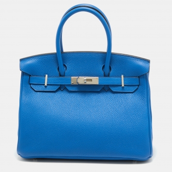 Pre Owned Hermes Bleu Zellige Taurillon Clemence Leather Palladium Finish Birkin 30 Bag