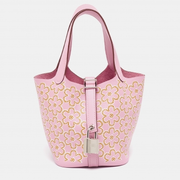 Pre Owned Hermes Mauve Sylvestre/Cuivre/Blanc Swift Leather Lucky Daisy Picotin Lock Micro Bag