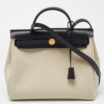 Pre Owned Hermès Beige/Black Canvas and Vache Hunter Leather Herbag Zip 31 Bag