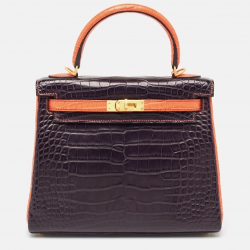 Pre Owned Hermès Orange Poppy/Amethyst Alligator Gold Finish Made To Order Kelly Retourne 25 Bag