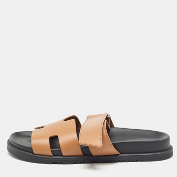 Pre Owned Hermes Brown Leather  Chypre Flat Slides Size 39