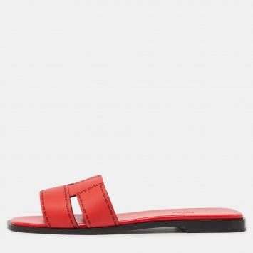 Pre Owned Hermes Red Leather Idimo Flat Slides Size 38.5