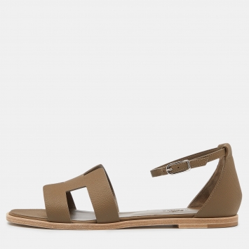 Pre Owned Hermes Brown Leather Santorini Ankle Strap Flat Sandals Size 40
