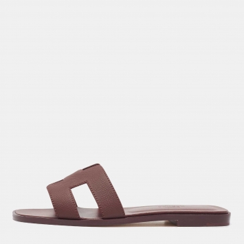 Pre Owned Hermes Burgundy Leather Oran Flat Slides Size 36