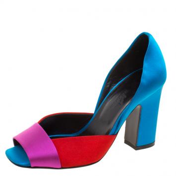 Pre Owned Hermes Tricolor Satin Block Heel Peep Toe D'orsay Pumps Size 37