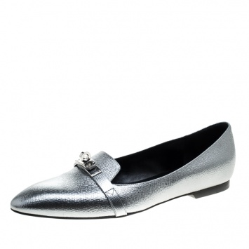 مملوكة مسبقًا Hermes Metallic Silver Leather Pegase Mini Kelly Buckle Ballet Flats Size 38