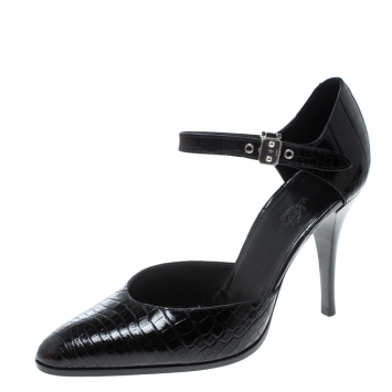 Pre Owned Hermes Black Crocodile Leather Ankle Strap Pumps Size 38.5