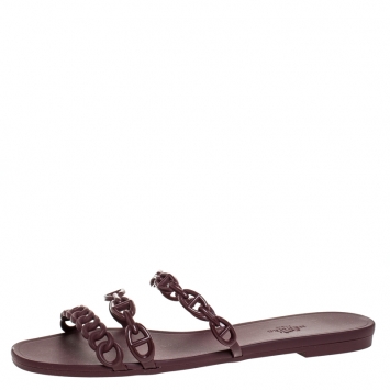 مملوكة مسبقًا Hermes Brown Rubber Rivage Chain Detail Slip On Flats Size 40