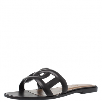 Pre Owned Hermes Black Leather Omaha Flat Slides Size 39