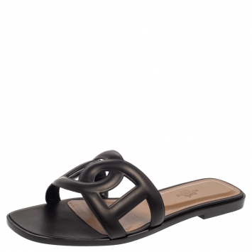Pre Owned Hermes Black Leather Omaha Flat Slides Size 39