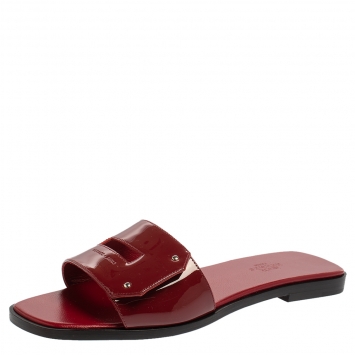 Pre Owned Hermes Burgundy Patent Leather View Flats Size 37