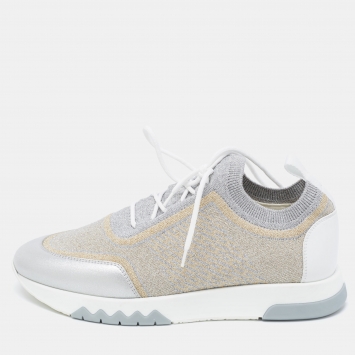 Pre Owned Hermes Metallic Silver/Gold Knit Fabric and Leather Addict Sneakers Size 38.5