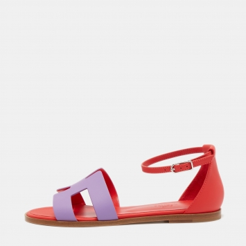 Pre Owned Hermes Purple/Red Leather Santorini Ankle Strap Sandals Size 37