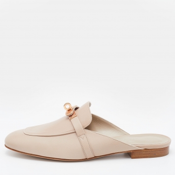 Pre Owned Hermes Beige Leather Oz Flat Mules Size 38