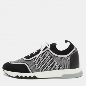 Pre Owned Hermes Black/White Fabric and Suede Addict Sneakers Size 39.5