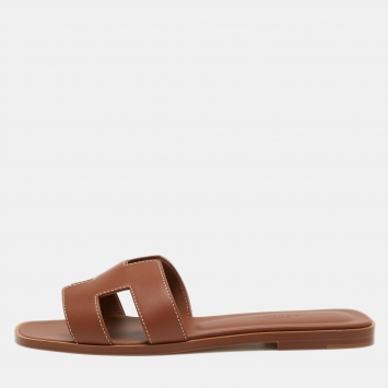 Pre Owned Hermes Brown Leather Oran Flat Slides Size 37
