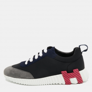 Pre Owned Hermes Tricolor Neoprene and Suede Bouncing Sneakers Size 37