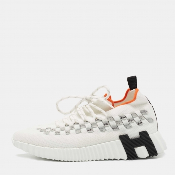 Pre Owned Hermes White Knit Fabric Flex Sneakers Size 36.5