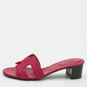 Pre Owned Hermes  Red Calf Hair Oasis Slide Sandals Size 38